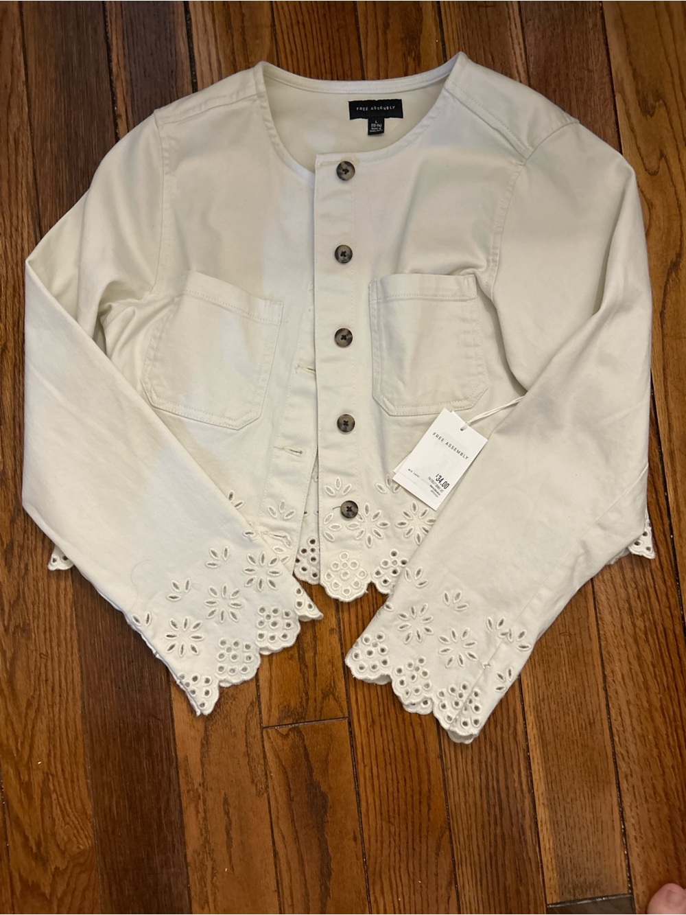 Free Assembly White Eyelet-Trim Cropped Button Jacket